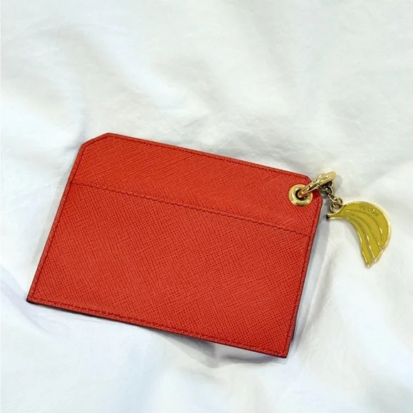 Prada Orange Saffiano Leather Banana Charm Keychain Wallet Card Case - Picture 8 of 9
